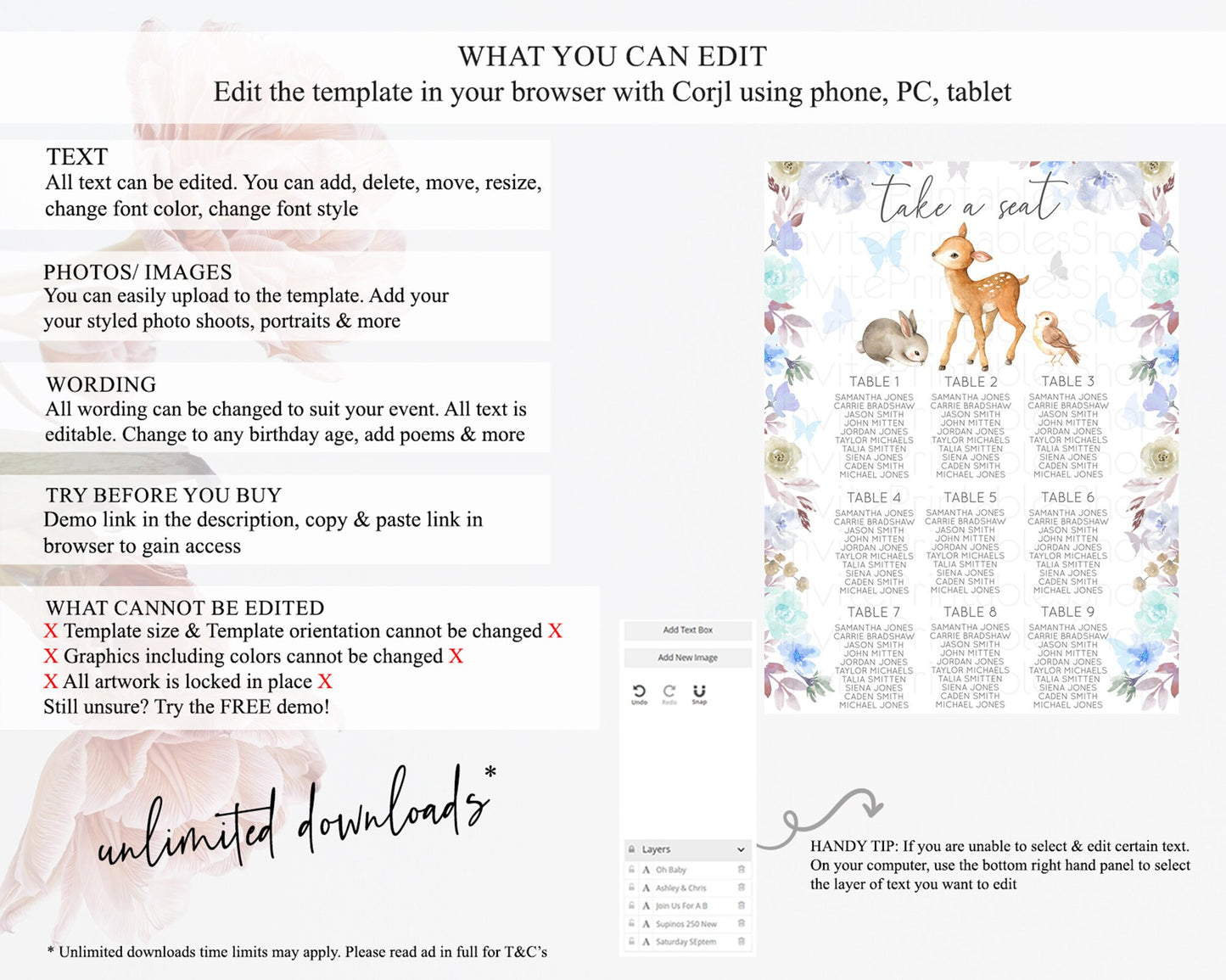 Fawn Seating Chart Deer Seating Chart Enchanted Forest Party Butterfly Pastel Flowers Whimsical Seating Chart Woodland Seating Sign D10929