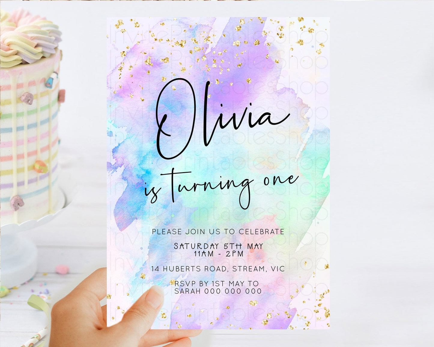 Pastel Birthday Invitation Ombre Watercolor Birthday Invitation Glitter Rainbow Color Splash 1st 2nd 3rd Birthday Invitation D23060