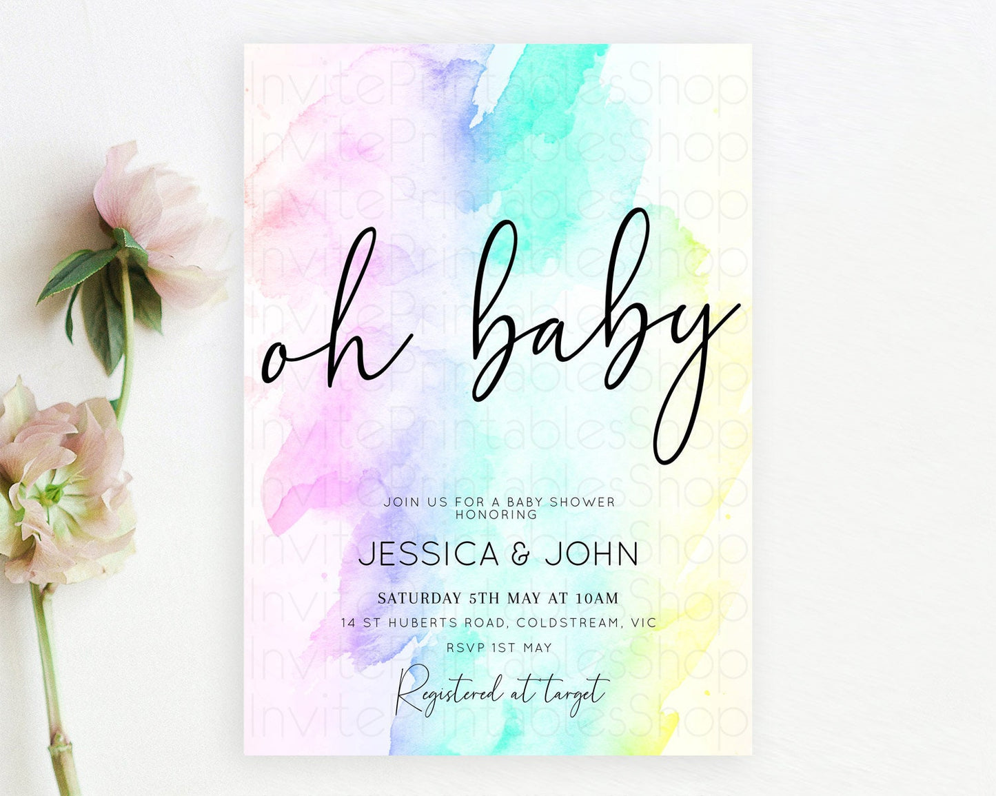 Pastel Rainbow Baby Shower Invitation With Gold Glitter Sprinkles, Colorful Watercolor Ombre Splash in Pink, Teal, and Yellow Theme D10231