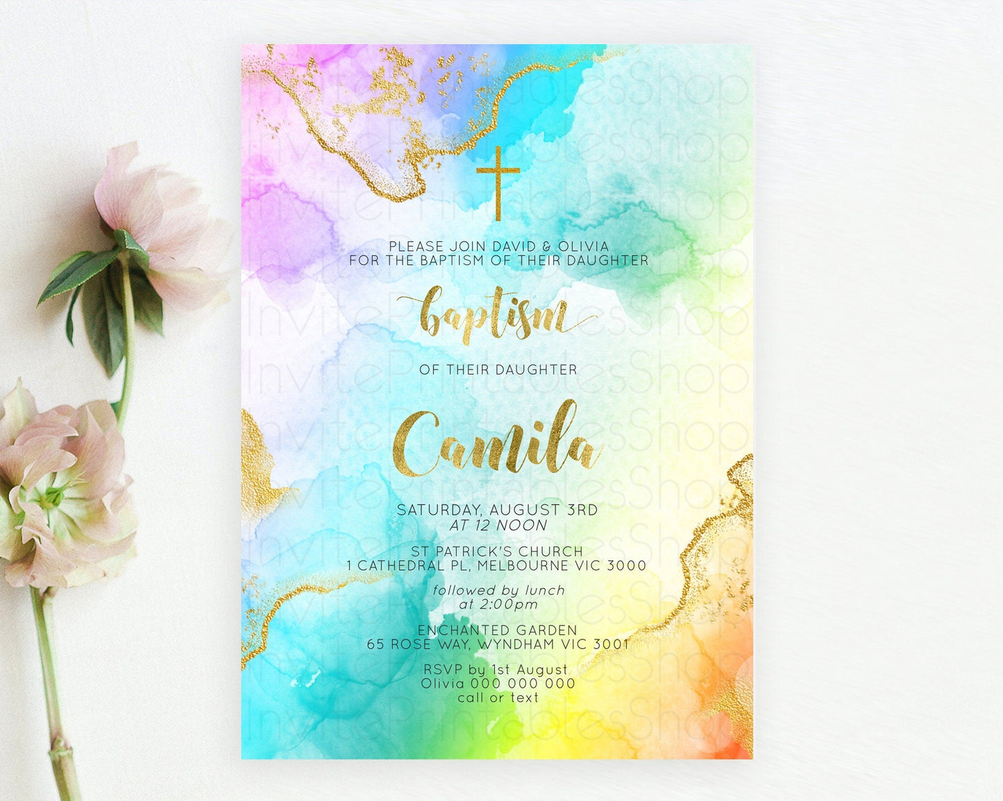 Pastel Baptism Invitation Pastel Colors Watercolor Baptism 1st Birthday Party Gold Ombre Pastel Rainbow Christening Holy Communion D10392
