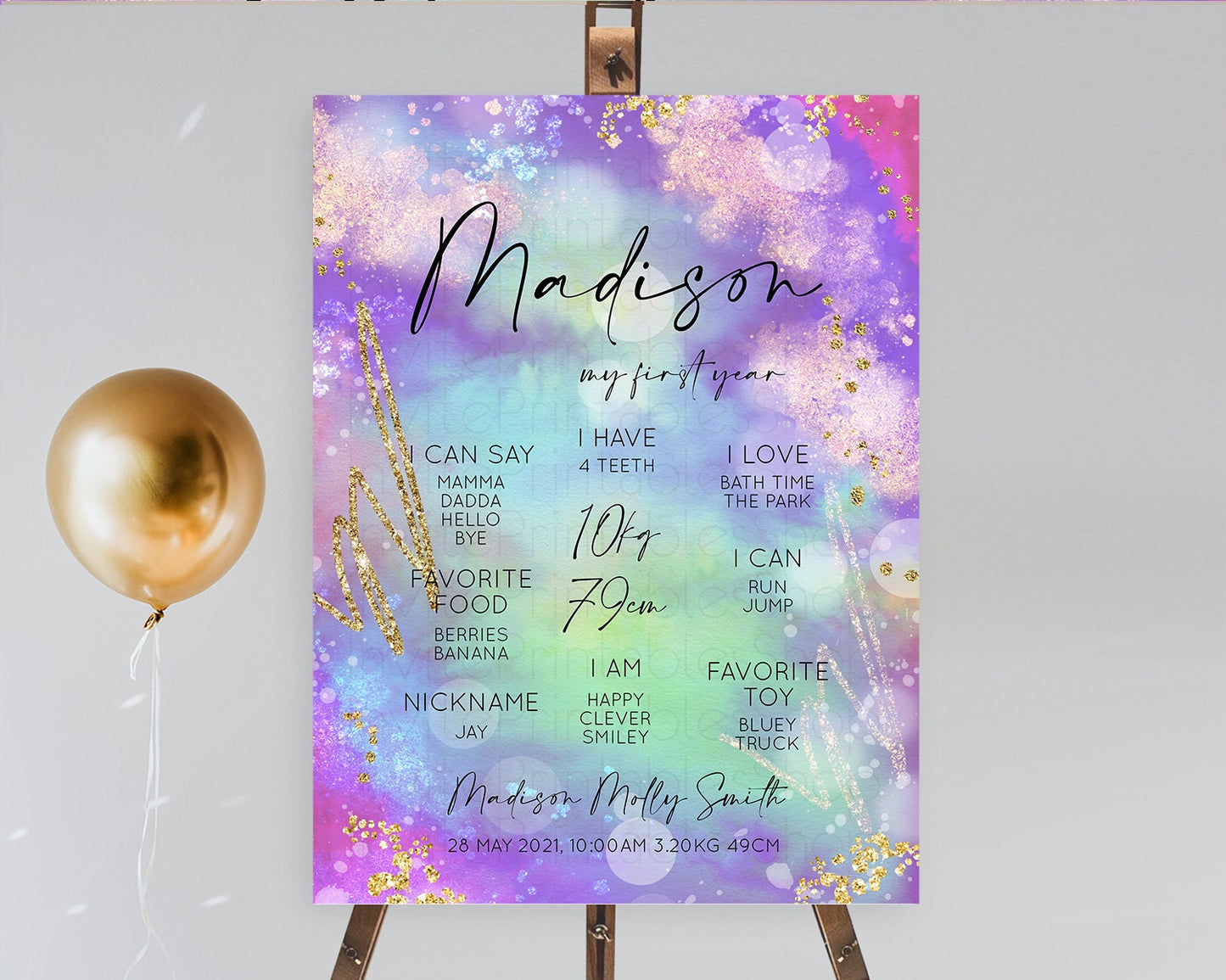 Pastel First Birthday Milestone Board Pastel Rainbow Milestone Poster Colorful Confetti Watercolor Glitter 1st Birthday Welcome Sign D10680