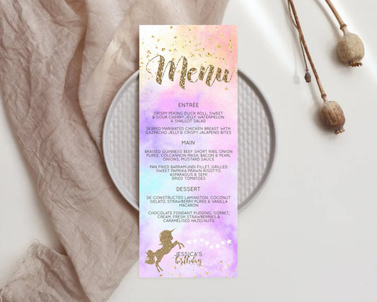 Unicorn Rainbow Menu Template Pastel Unicorn Menu Magical Ombre Unicorn Table Decor Colorful Watercolor Dinner Dessert Food Menu D10435