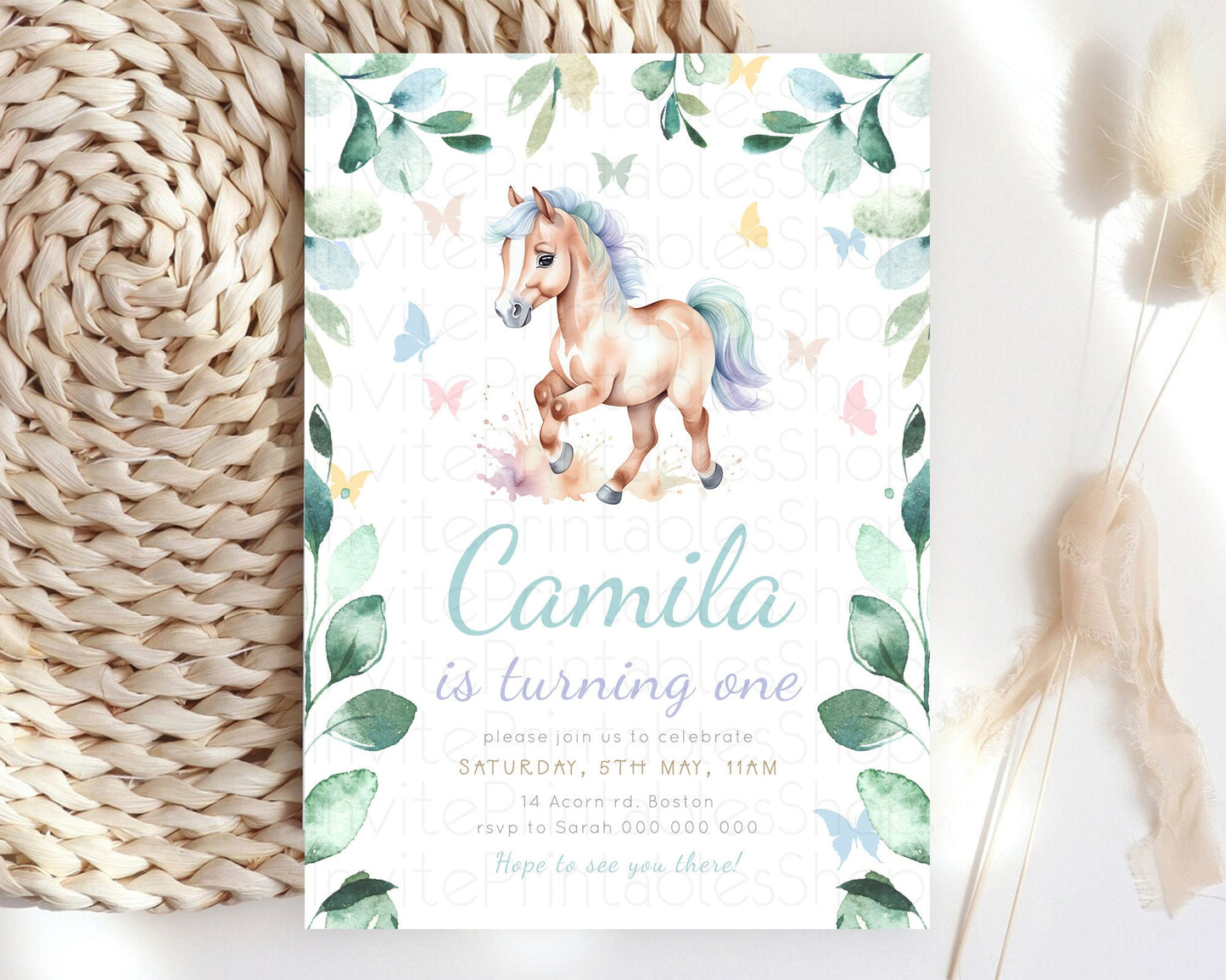 Horse Birthday Invitation, Galloping Wildflower Fields, Pastel Flowers, Butterflies, Flowers Accents for Equestrian & Cowgirls d23388