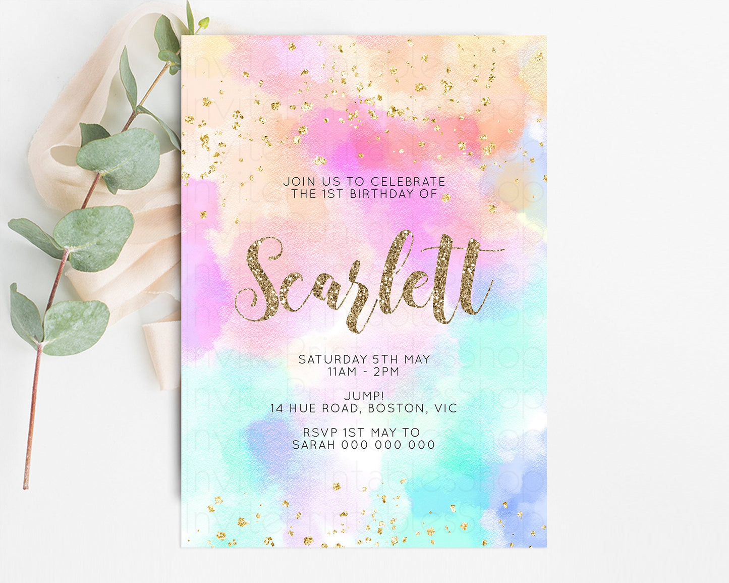 Rainbow Birthday Invitation Pastel Birthday Invite Ombre Watercolor Invite Enchanted Theme Colorful Splash Glitter Sprinkles 1st 2nd 3rd