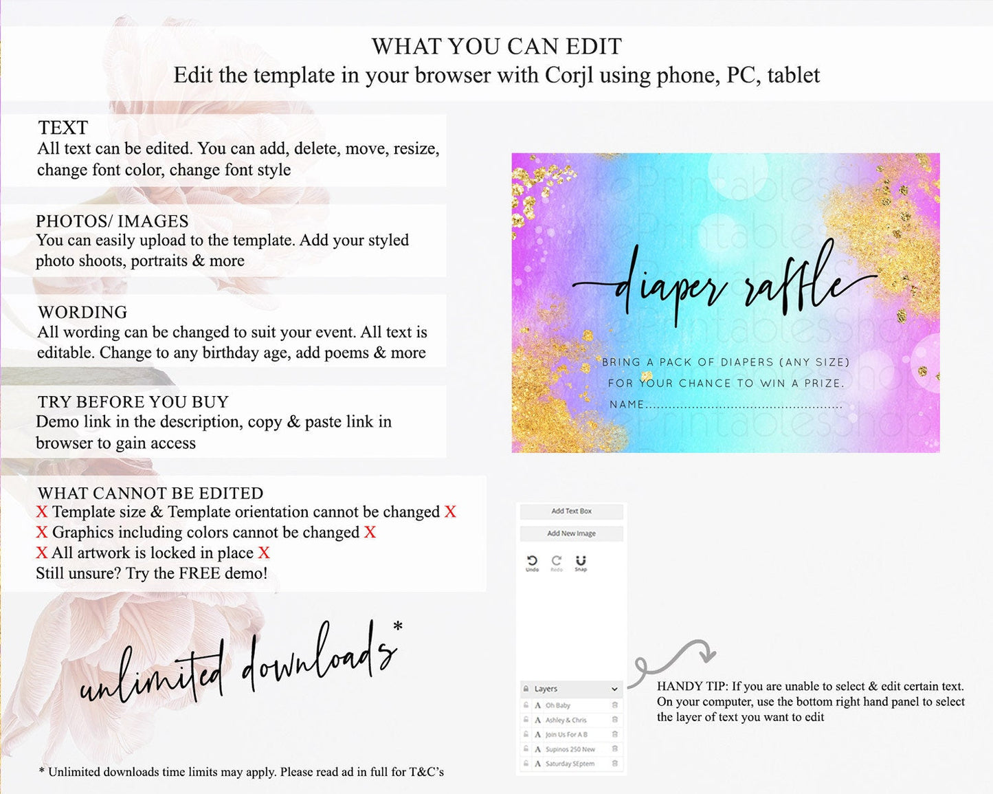Pastel Diaper Raffle Card Pastel Rainbow Diaper Raffle Insert Colorful Ombre Watercolor Diaper Ticket Confetti Glitter Raffle Game D10564