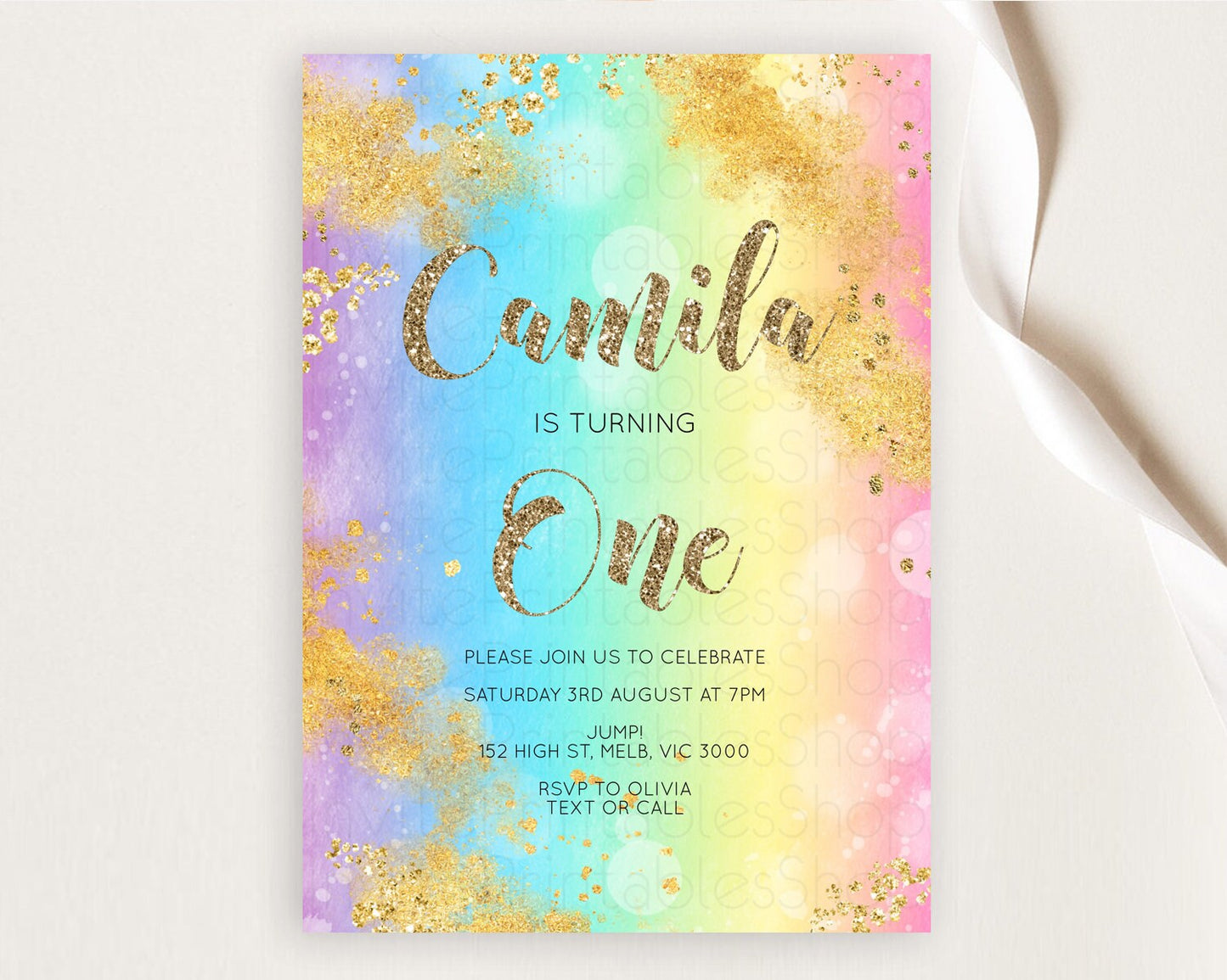 Rainbow Birthday Invitation Colorful Pastel Watercolor Invitation Gold Glitter Sprinkles Ombre Pastel 1st 2nd 3rd Birthday D10561