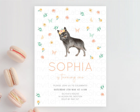 Wolf Birthday Invitation Wolf Invitation Pastel Wolf Birthday Enchanted Forest Woods Wolf Floral Invitation Howling Birthday Party D10362