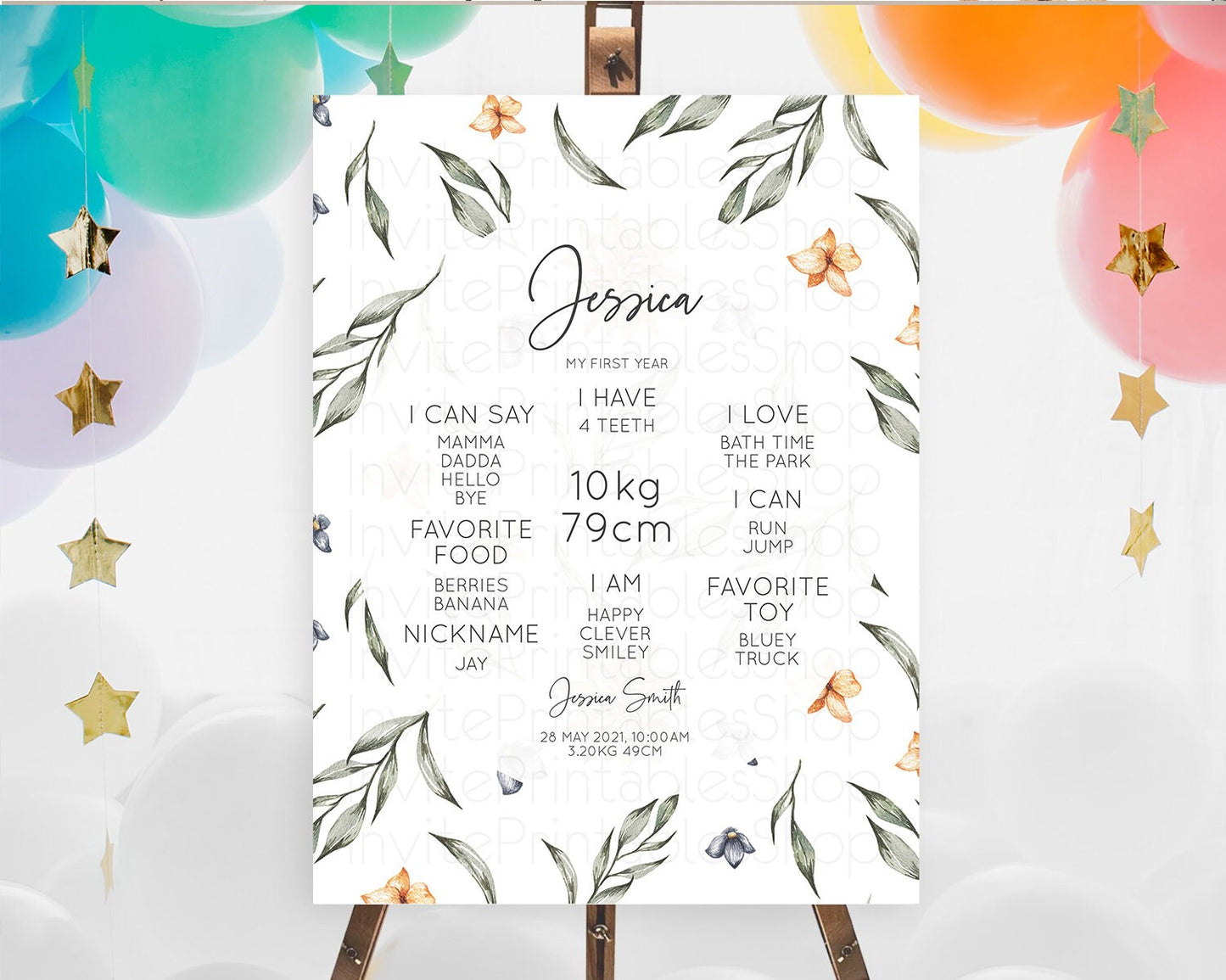 Editable Leafy First Birthday Milestone Board Green Leaf Milestone Poster Gr