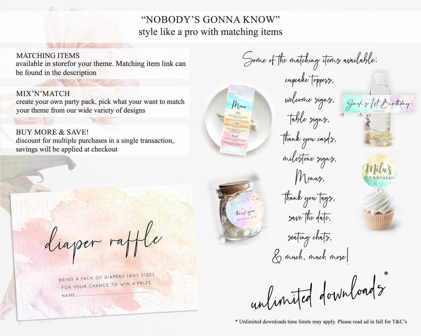 Pink Diaper Raffle Card Watercolor Diaper Raffle Insert Pastel Pink Baby Shower Diaper Ticket Pink Watercolor Splash Raffle Game D10164