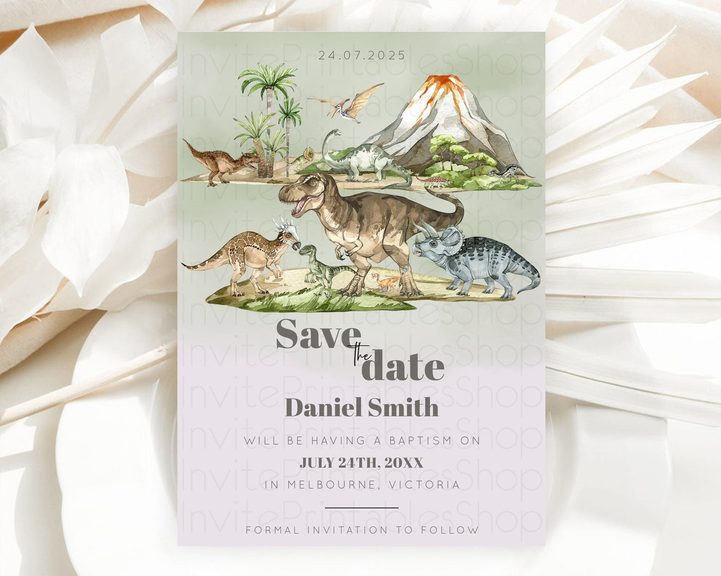 Dinosaur Save The Date Template Dinosaur Volcano Watercolor Volcano T-Rex Raptor Jurassic Party 1st Birthday Baptism Baby Shower D10671