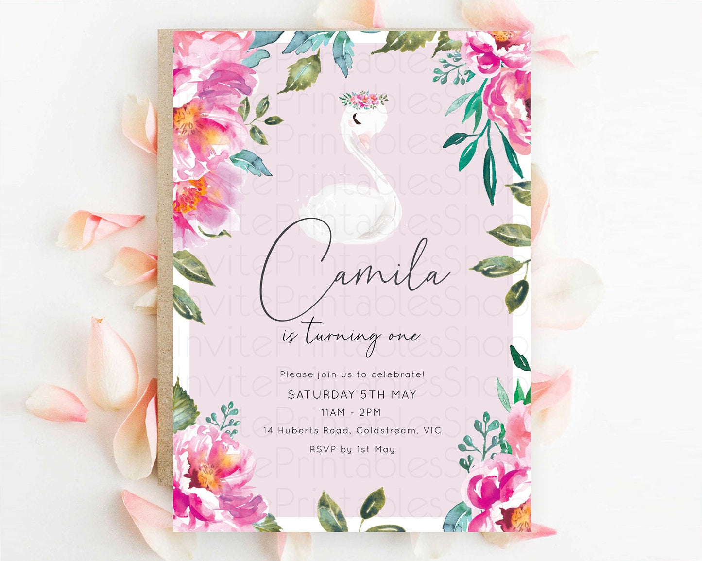 Swan Birthday Invitation Swan Princess Ballet Invitation Enchanted Forest Swan Lake Party Secret Garden Watercolour Pastel Floral D10757