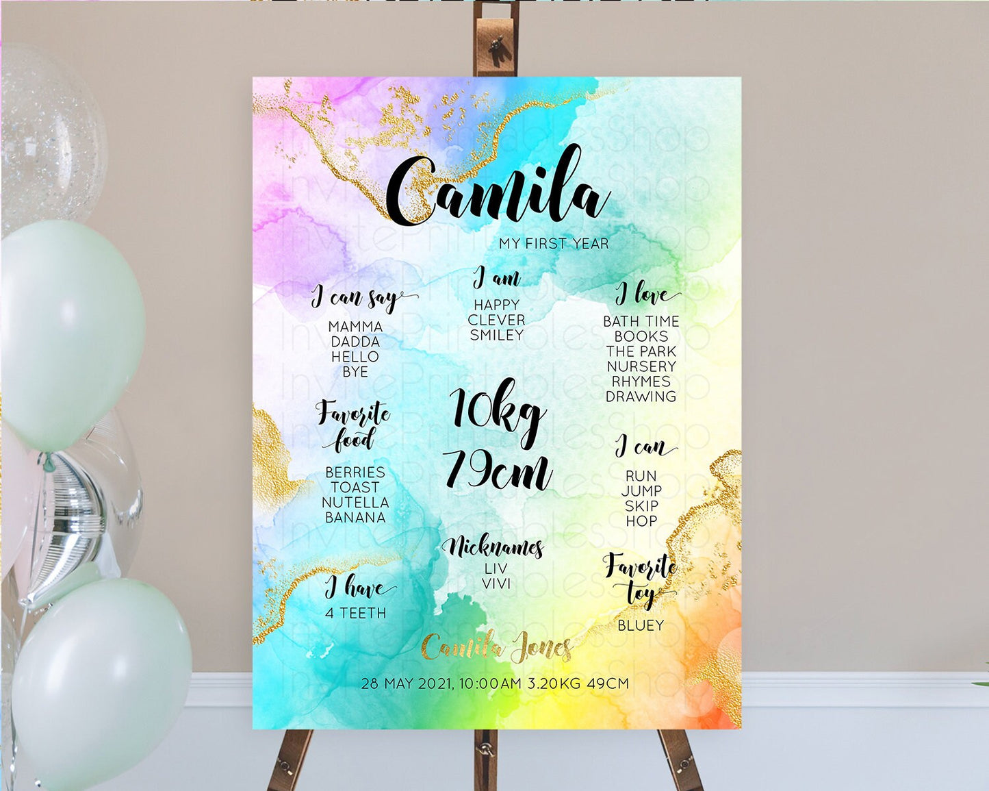 Pastel First Birthday Milestone Board Pastel Rainbow Milestone Poster Colorful Confetti Watercolor Glitter 1st Birthday Welcome Sign D10392