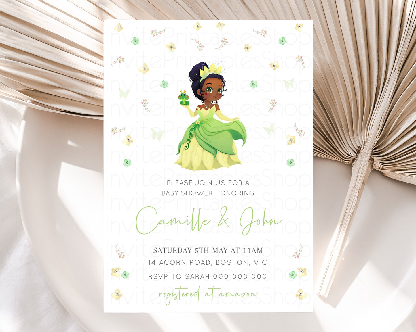 Princess Tiana Baby Shower Castle Invitation Tiana Invite Confetti Florals Secret Garden Enchanted Castle Magical Butterflies Flutters 425