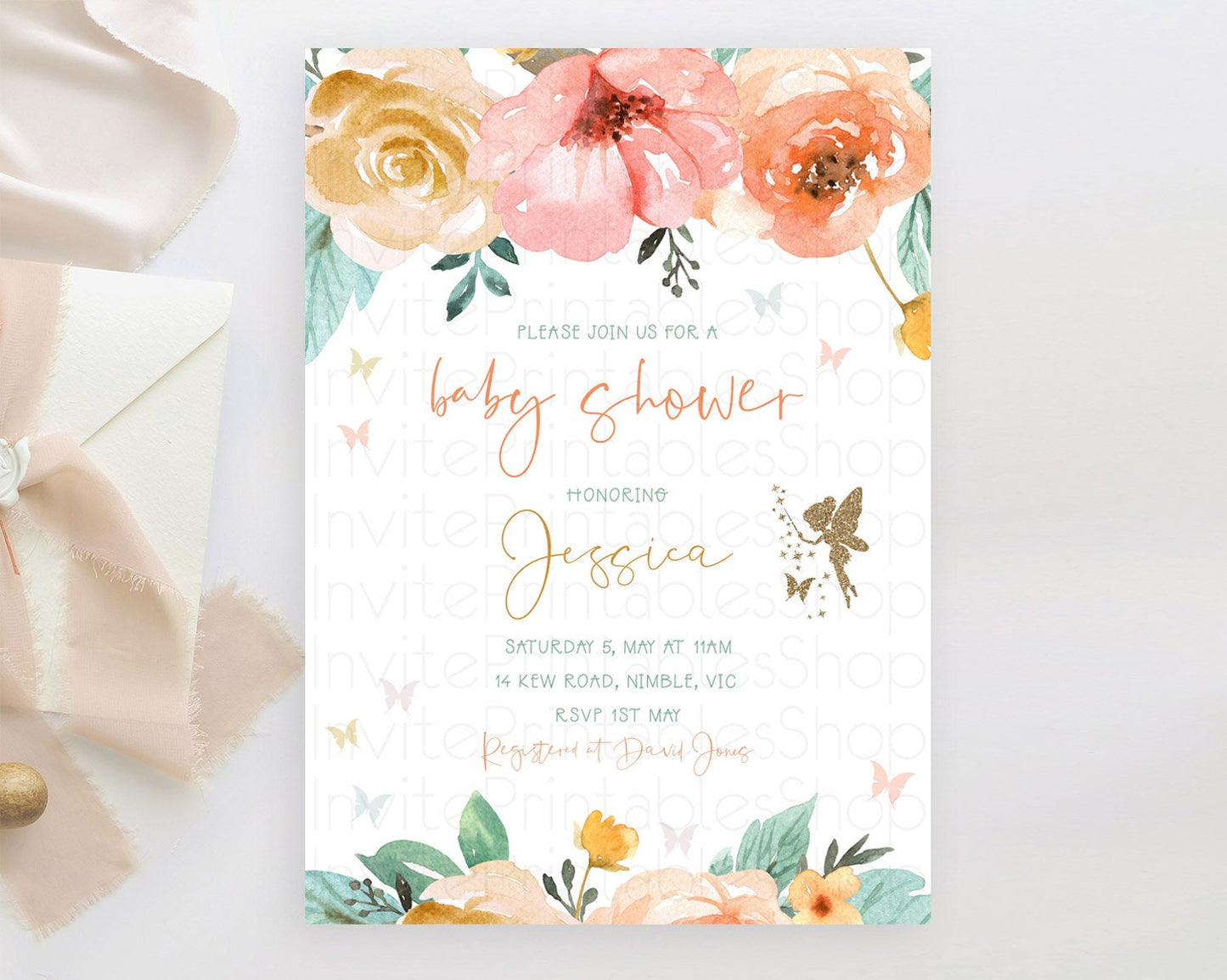 Fairy Baby Shower Invitation Pastel Fairy Invites Fairy Tea Party Fairy Garden Theme Secret Garden Enchanted Garden Floral Butterfly D10346