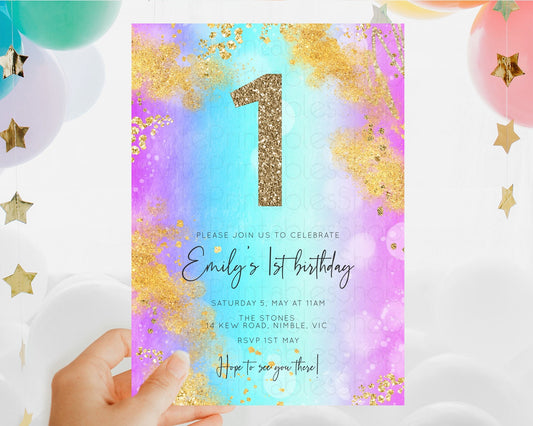 Rainbow Birthday Invitation Colorful Pastel Watercolor Invitation Gold Glitter Sprinkles Ombre Pastel 1st 2nd 3rd Birthday D10564