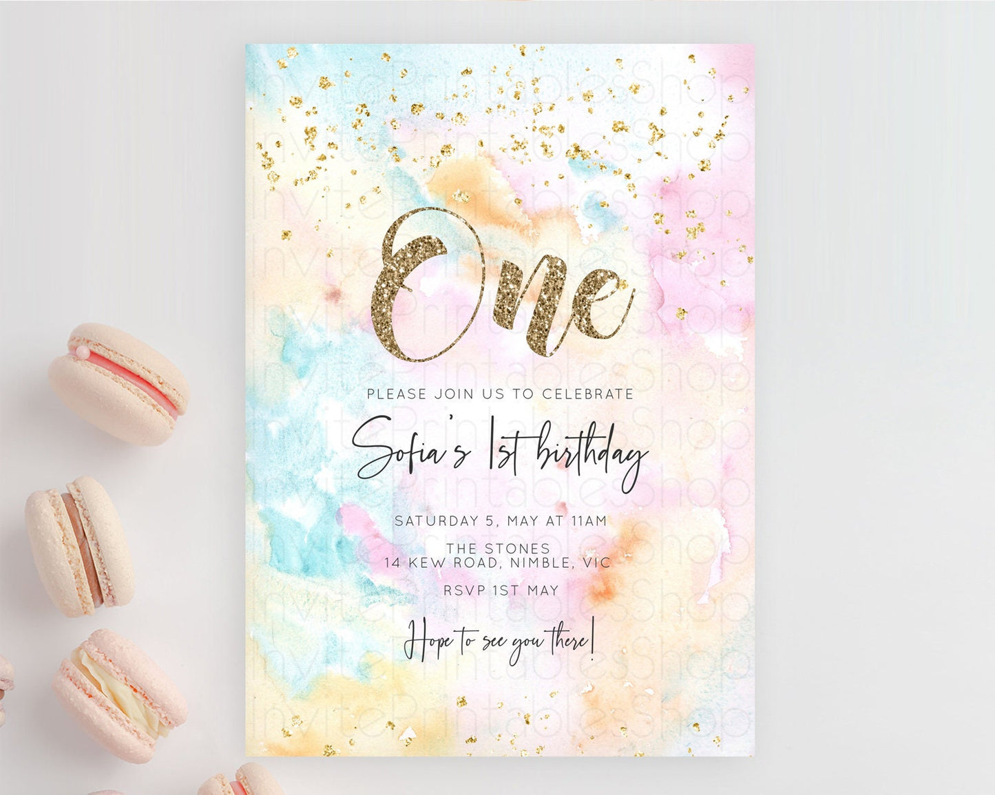 Rainbow Birthday Invitation Colorful Pastel Watercolor Invitation Gold Glitter Sprinkles Ombre Pastel 1st 2nd 3rd Birthday D10548