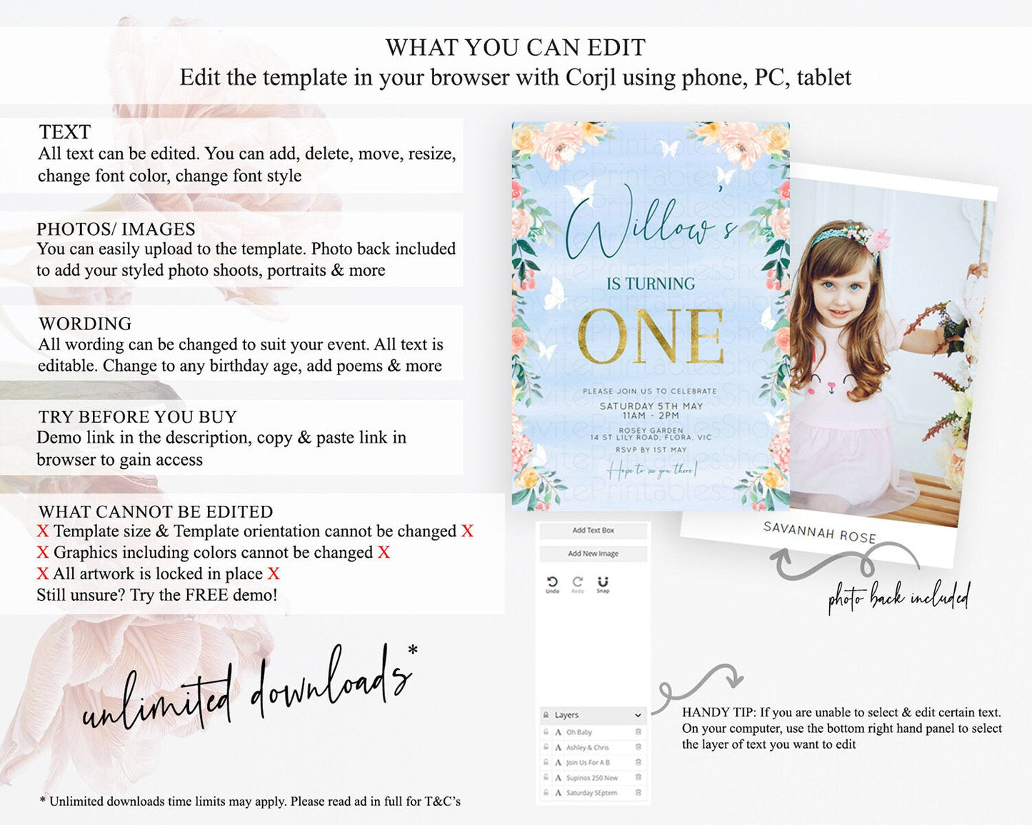 Secret Garden Invitation Wildflower Birthday Invitation Pastel Flowers Invite Enchanted Garden Boho Floral 3rd 2nd First Birthday D10337