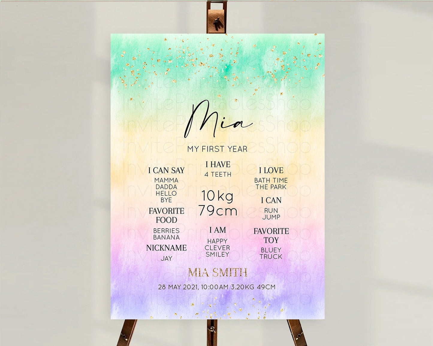 Pastel First Birthday Milestone Board Pastel Rainbow Milestone Poster Colorful Confetti Watercolor Glitter 1st Birthday Welcome Sign D10481