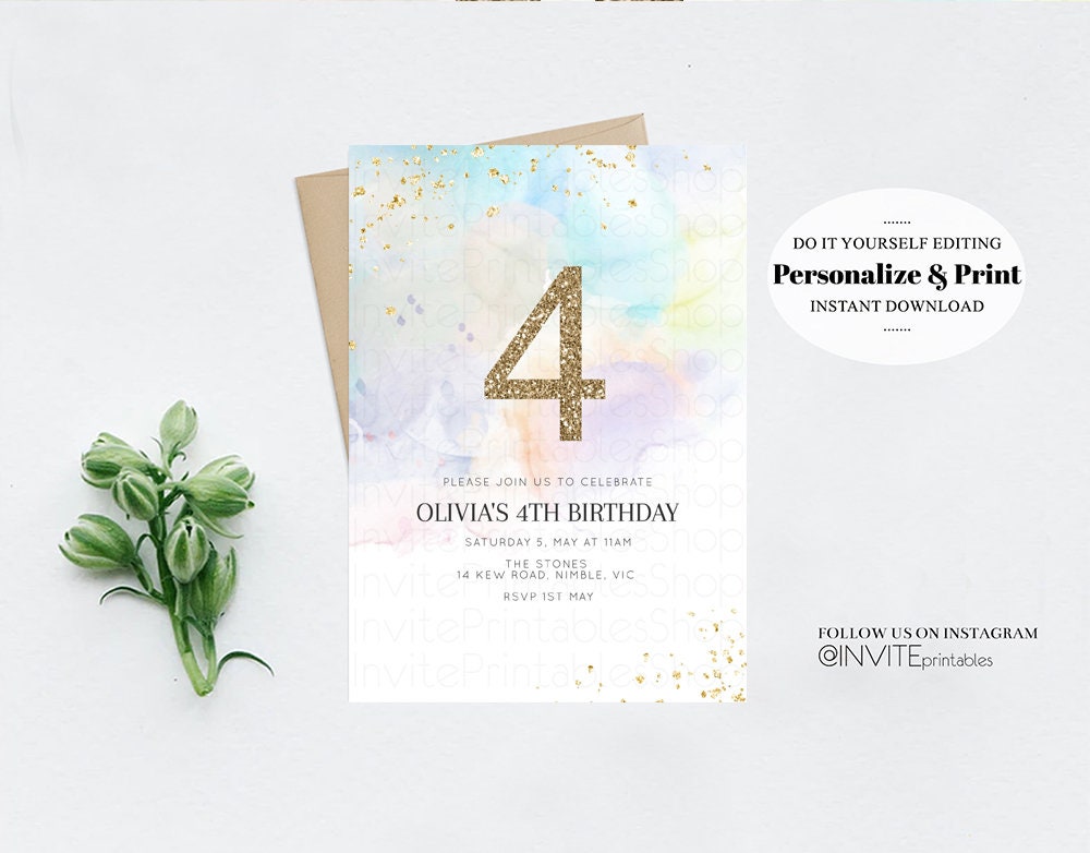 Watercolor Birthday Invitation Colorful Pastel Rainbow Splash Ombre Ink Paint Purple Blue Yellow Glitter Age Number Modern Custom 136