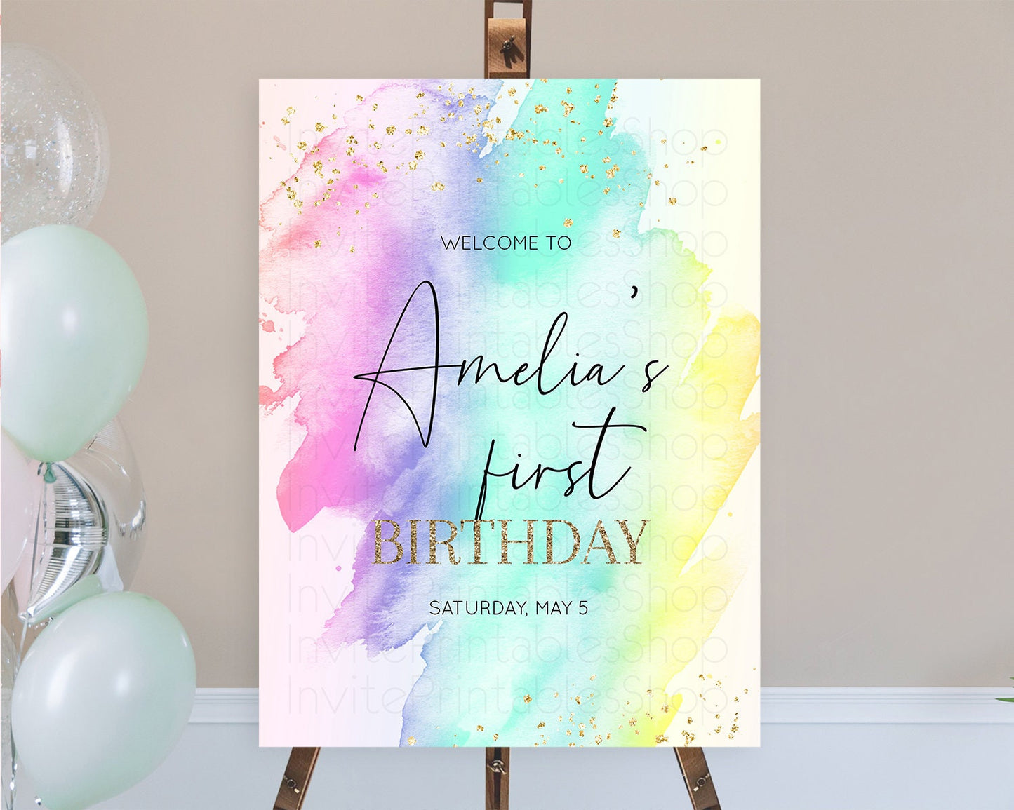 Pastel Welcome Sign Pastel Rainbow Welcome Sign Colorful Rainbow Confetti Watercolor Glitter Pastel First Birthday Welcome Sign D10231