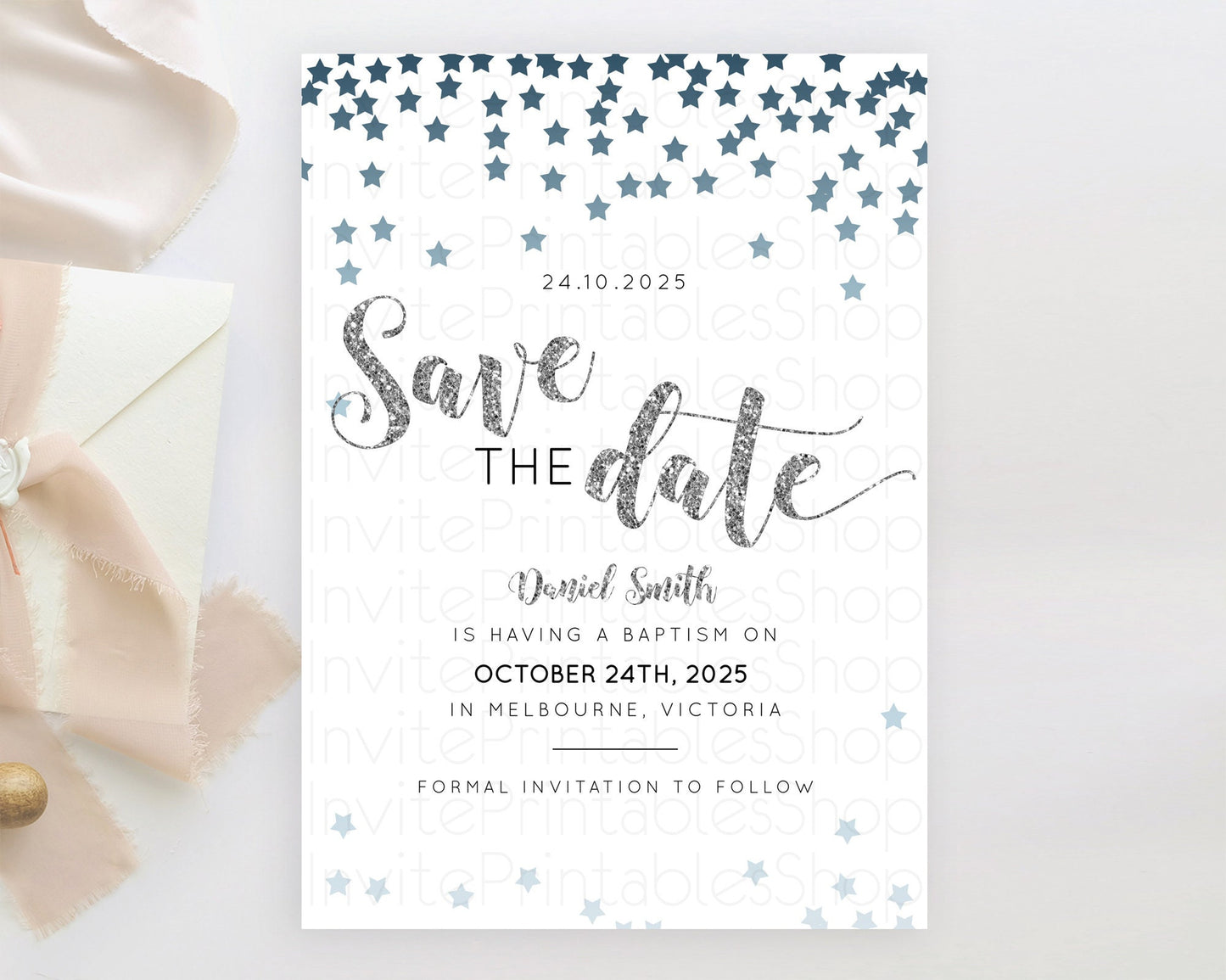 Twinkle Stars Save The Date Template Pastel Twinkle Little Star Party Shooting Star Confetti Sprinkles Birthday Baptism Baby Shower D10330