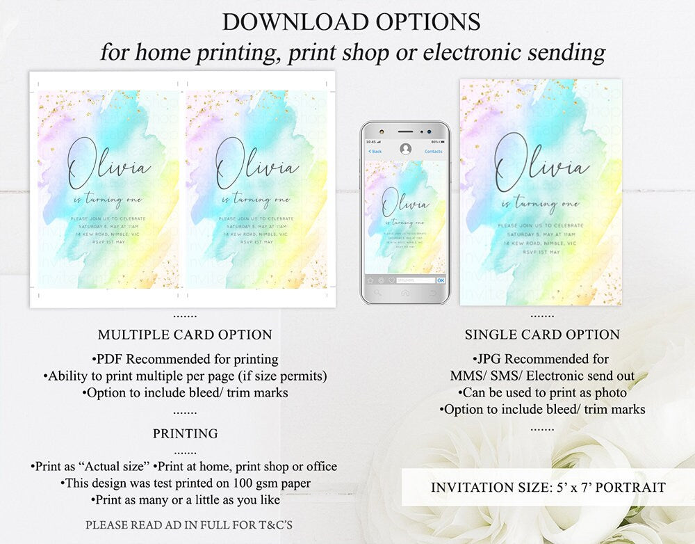 Pastel Rainbow Birthday Invitation Colorful Watercolor Splash Ombre Ink Paint Gold Foil Purple Pink Blue Custom Printable 146