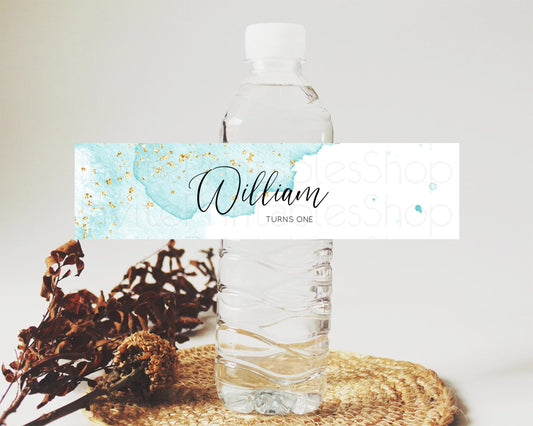 Blue Watercolor Water Label Template Ombre Blue Watercolor Splash Party Decor 1st Birthday Baby Shower Wedding Baptism Bridal Shower D10329