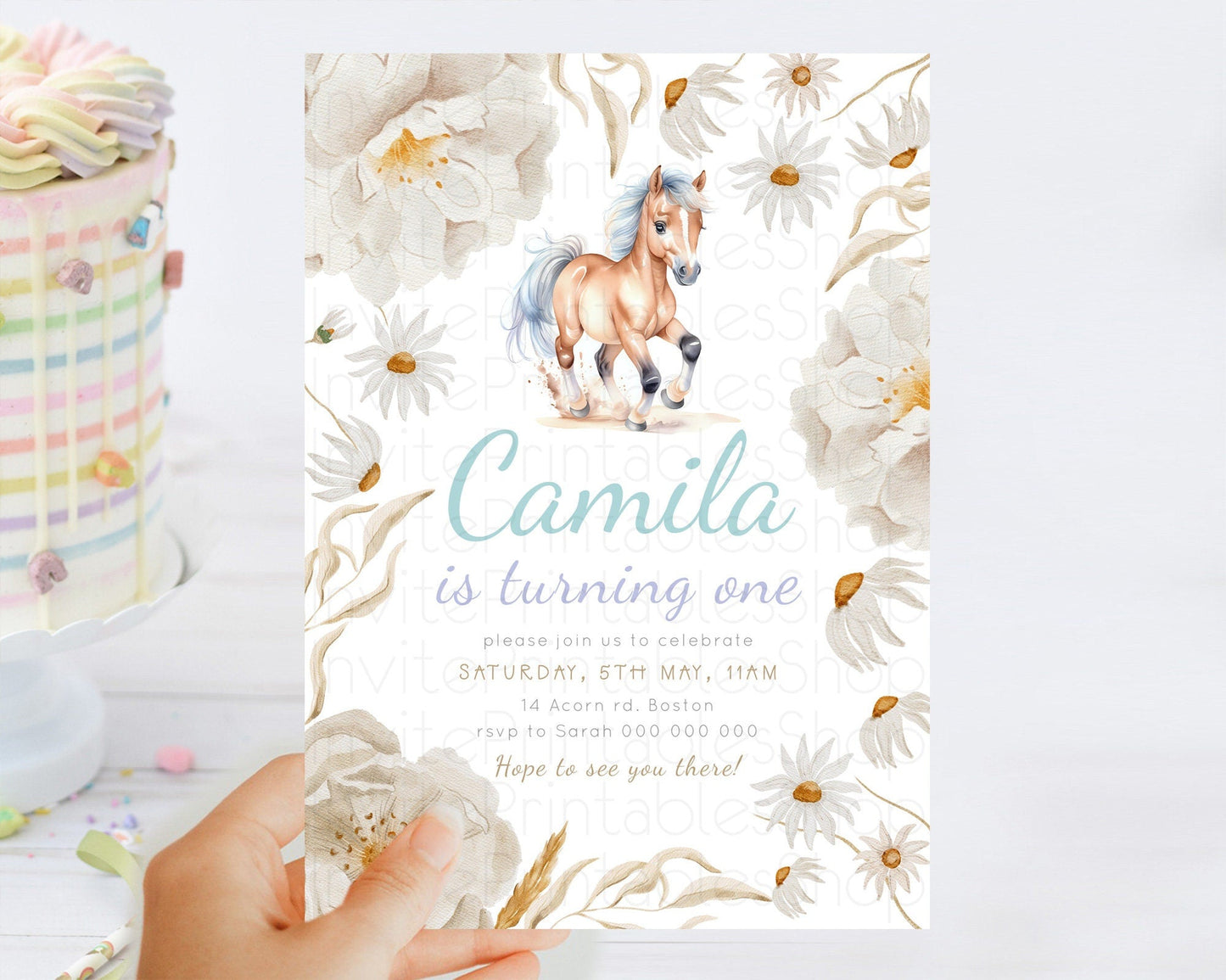 Horse Birthday Invitation, Galloping Wildflower Fields, Pastel Flowers, Butterflies, Flowers Accents for Equestrian & Cowgirls d23378