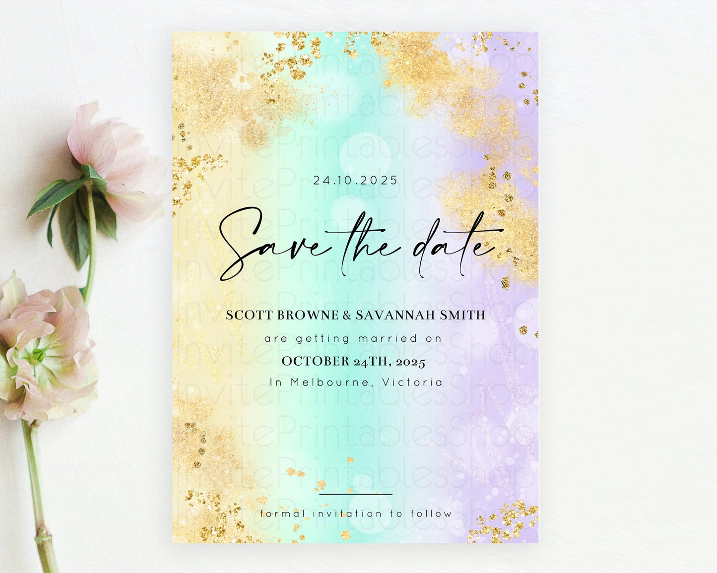 Pastel Save The Date Template Pastel Ombre Rainbow Watercolor Colorful Party For Birthday Baptism Baby Shower Wedding Bridal Shower D10672