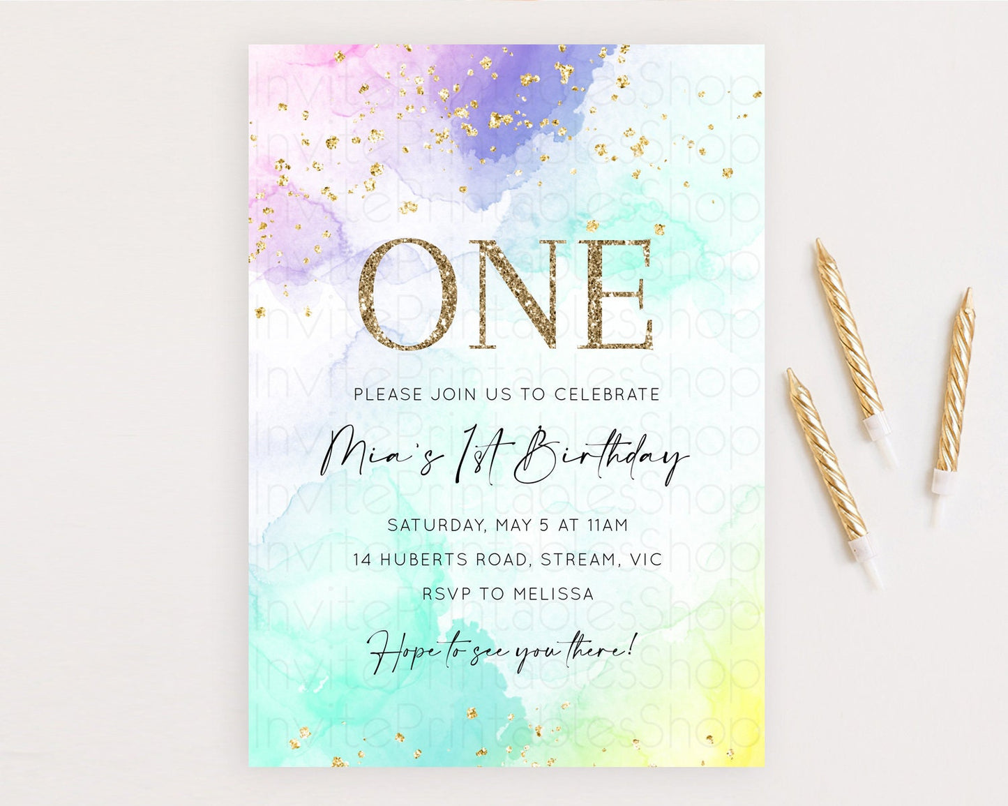 Rainbow Birthday Invitation Colorful Pastel Watercolor Invitation Gold Glitter Sprinkles Ombre Pastel 1st 2nd 3rd Birthday D10157