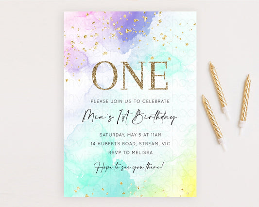 Rainbow Birthday Invitation Colorful Pastel Watercolor Invitation Gold Glitter Sprinkles Ombre Pastel 1st 2nd 3rd Birthday D10157