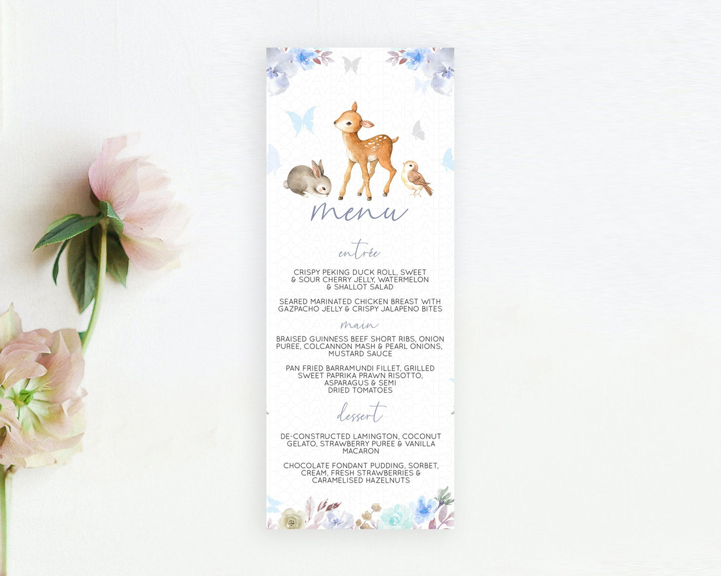 Fawn Menu Deer Menu Template Pastel Floral Deer Table Decor Enchanted Forest Butterfly Floral Dinner Dessert Menu Party Food Menu D10929