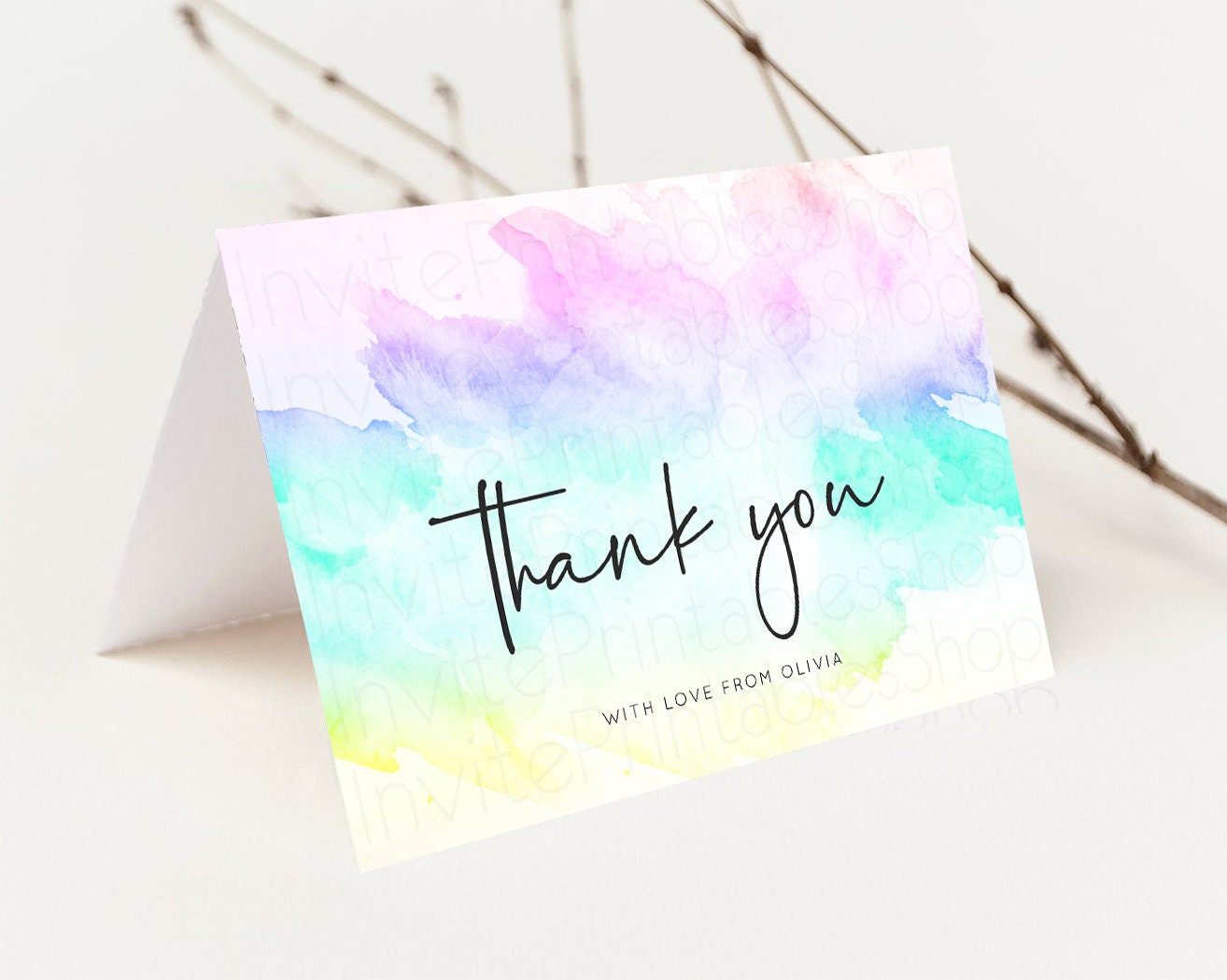 Pastel Rainbow Thank you Colorful Watercolor Folded Gift Cards Custom Note Message Glitter Birthday Engaged Baby Shower Wedding Guests F210