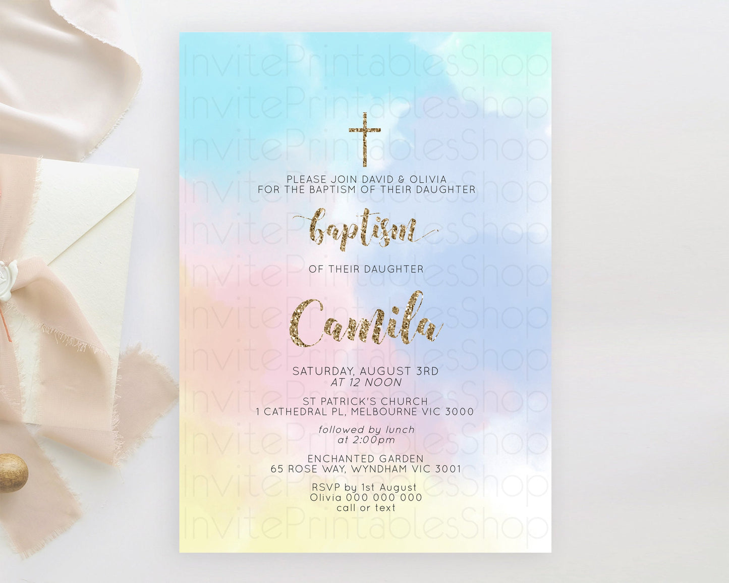 Pastel Baptism Invitation Pastel Colors Watercolor Baptism 1st Birthday Party Gold Ombre Pastel Rainbow Christening Holy Communion D10378