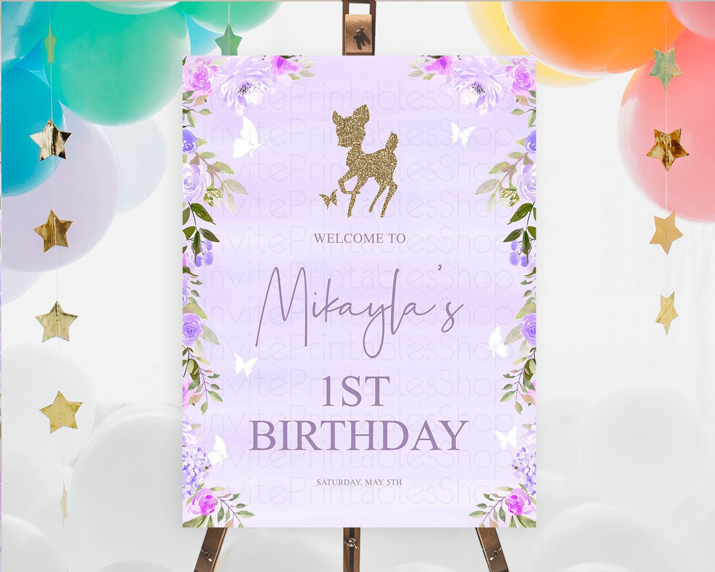 Fawn Welcome Sign Deer Welcome Board Floral Deer Welcome Poster Enchanted Forest Butterfly Pastel Floral First Birthday Welcome Sign D10963