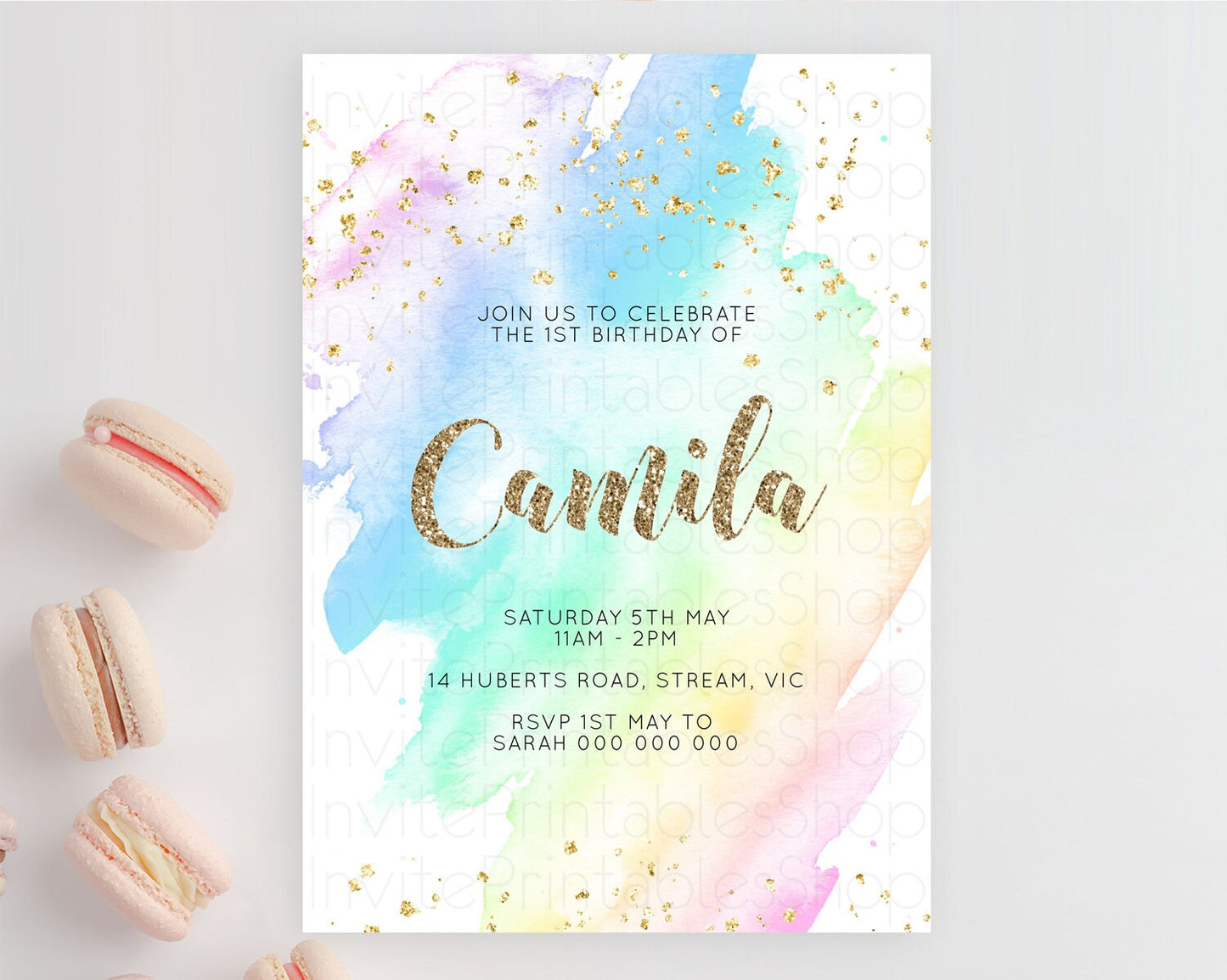 Rainbow Birthday Invitation Colorful Pastel Watercolor Invitation Gold Glitter Sprinkles Ombre Pastel 1st 2nd 3rd Birthday D10637