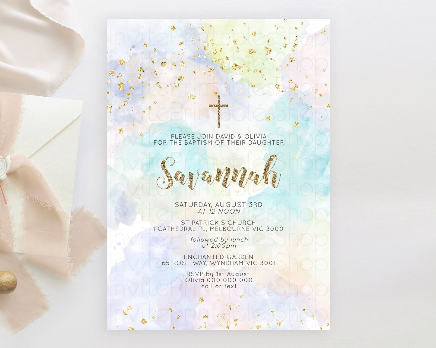 Pastel Baptism Invitation Pastel Colors Watercolor Baptism 1st Birthday Party Gold Ombre Pastel Rainbow Christening Holy Communion D10614