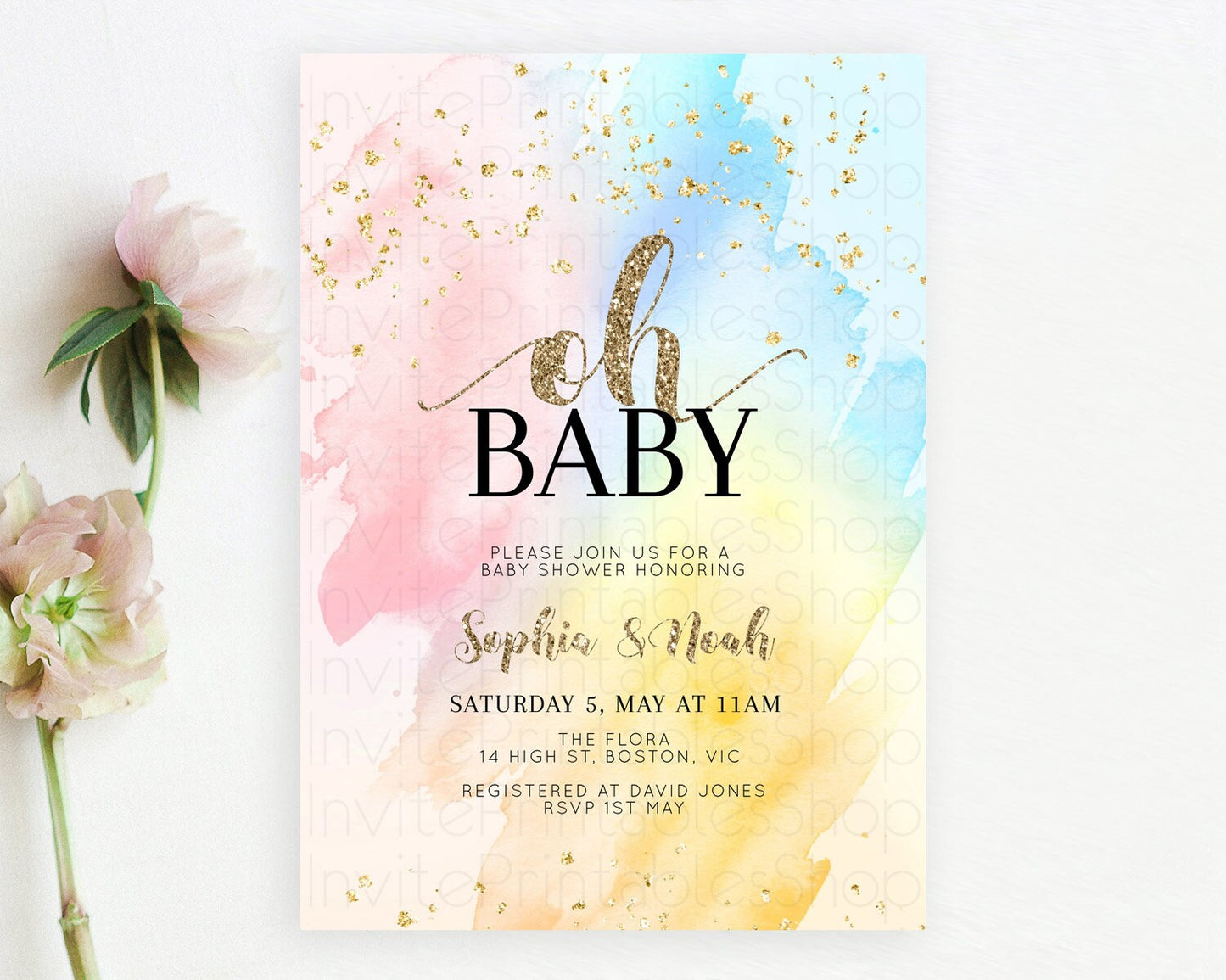 Pastel Baby Shower Invitation Rainbow Baby Shower Invitation Colorful Pastel Watercolor Invitation Gold Glitter Sprinkles Ombre D10556