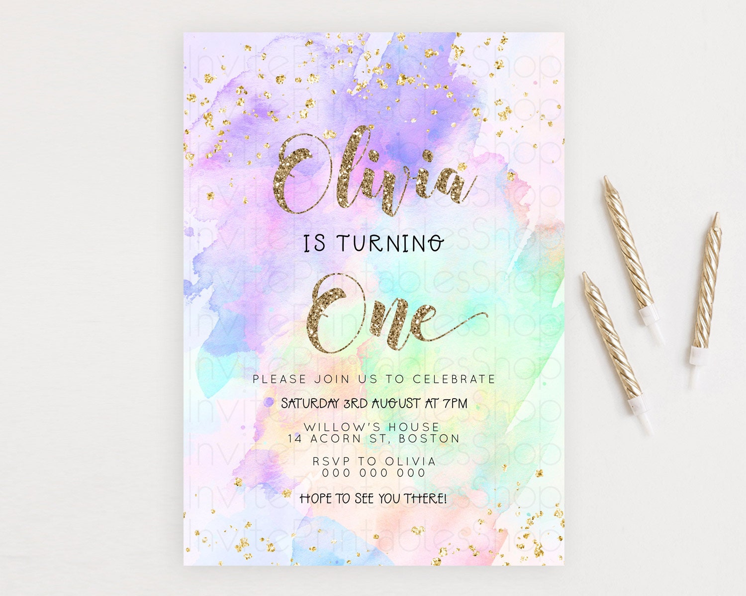 Editable Rainbow Birthday Invitation Colorful Pastel Watercolor Invitation G