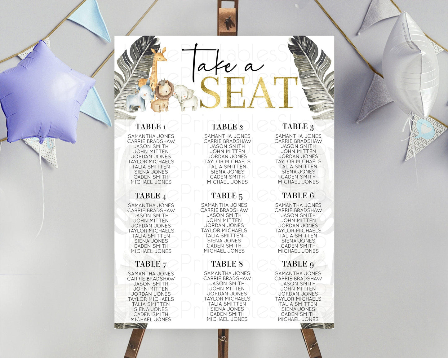 Safari Seating Chart Lion Gorilla Elephant Rhino Tropical Palm Decor Jungle Safari Adventure Zoo Take A Seat Sign D10599