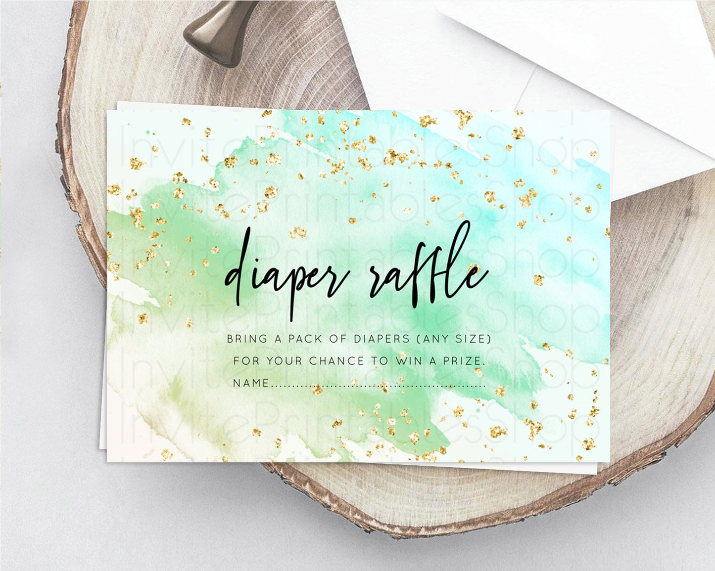 Green Diaper Raffle Card Green Watercolor Diaper Raffle Insert Pastel Green Baby Shower Diaper Ticket Splash Green Raffle Game D10170
