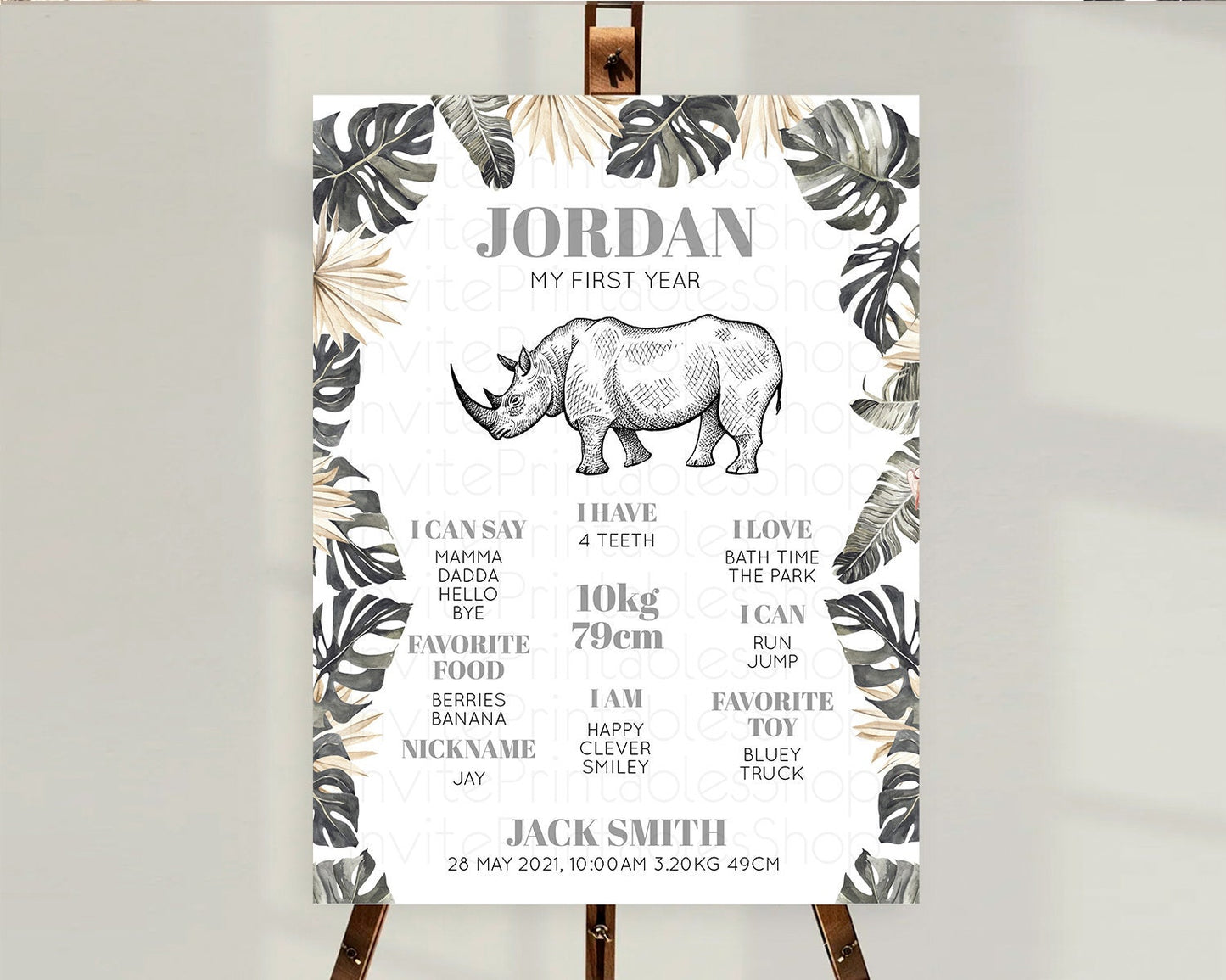 Editable Rhino First Birthday Milestone Board Rhino Milestone Poster Rhino D