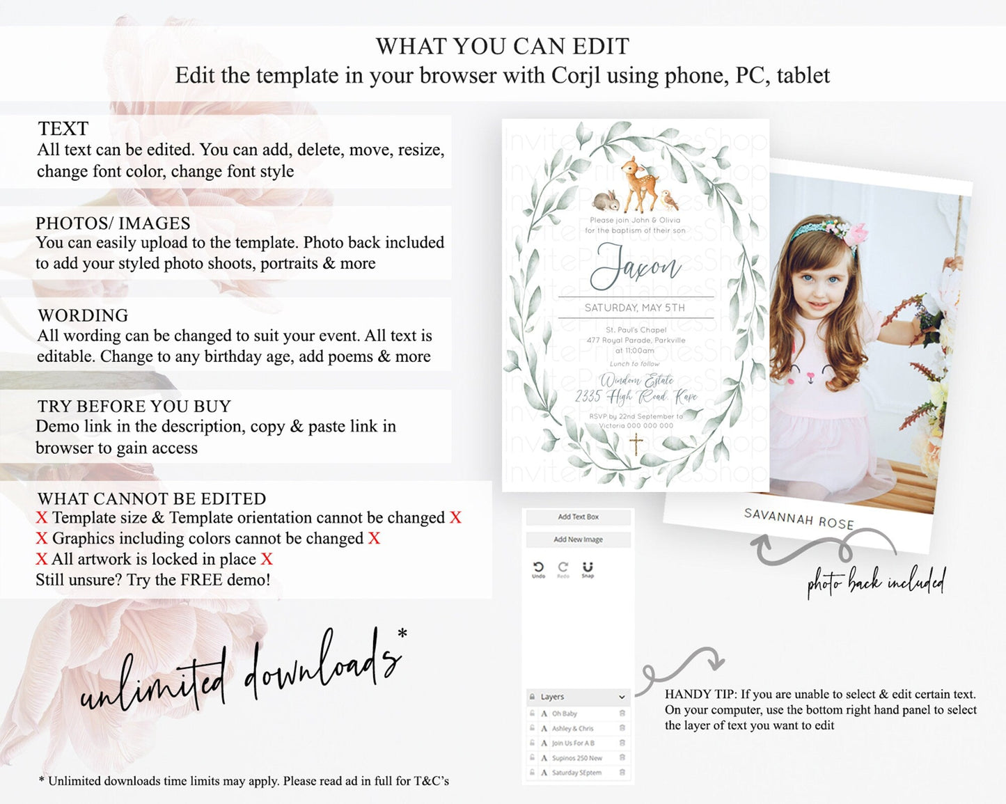 Fawn Baptism Invitation Deer Baptism 1st Birthday Invitation Enchanted Forest Christening Invitation Pastel Garden Butterfly Floral D10872