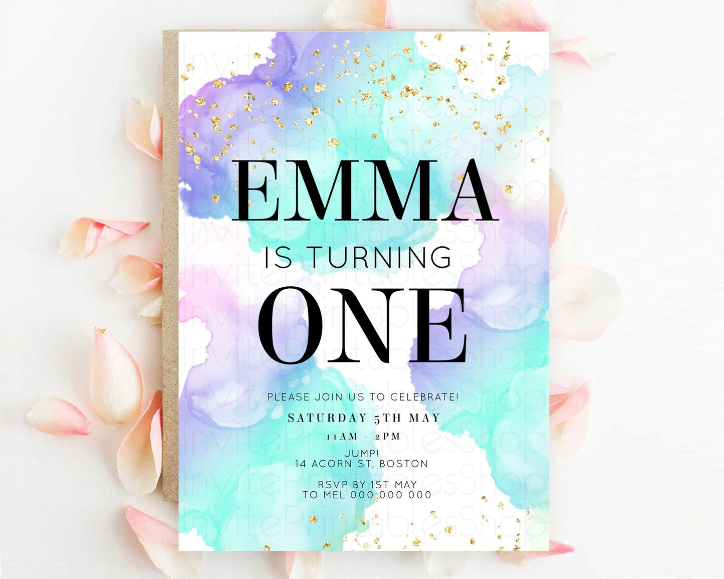 Rainbow Birthday Invitation Colorful Pastel Watercolor Invitation Gold Glitter Sprinkles Ombre Pastel 1st 2nd 3rd Birthday D10212