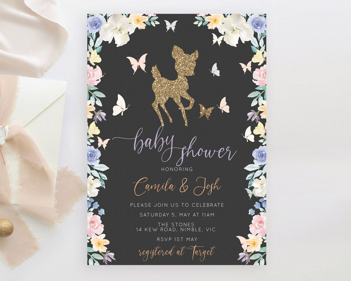 Fawn Baby Shower Invitation Deer Baby Shower Invites Enchanted Forest Theme Butterfly Pastel Flowers Whimsical Baby Shower D10323