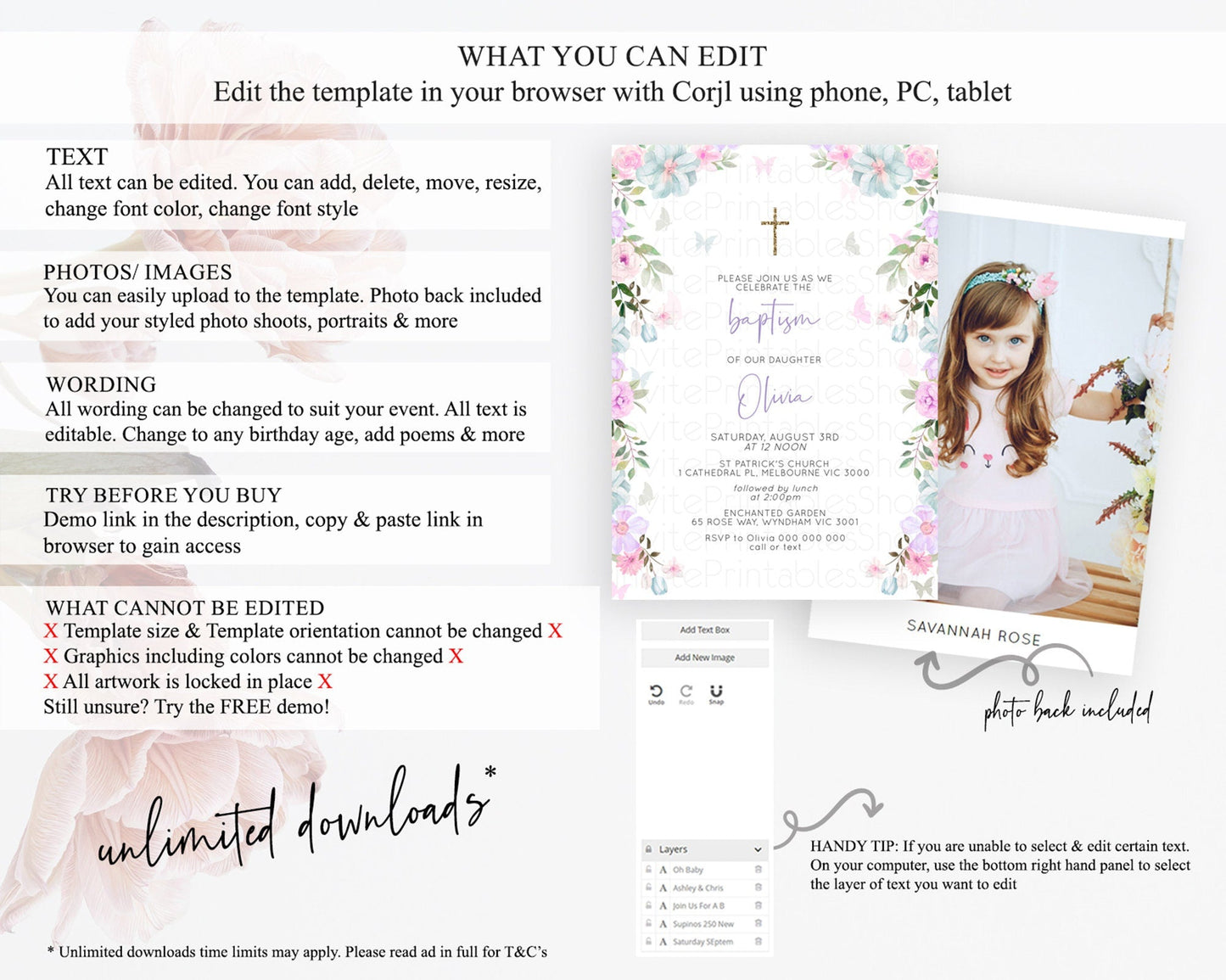 Secret Garden Baptism Invitation Wildflower Baptism Birthday Invite Pastel Flowers Christening Invite Enchanted Garden Boho Floral D10494
