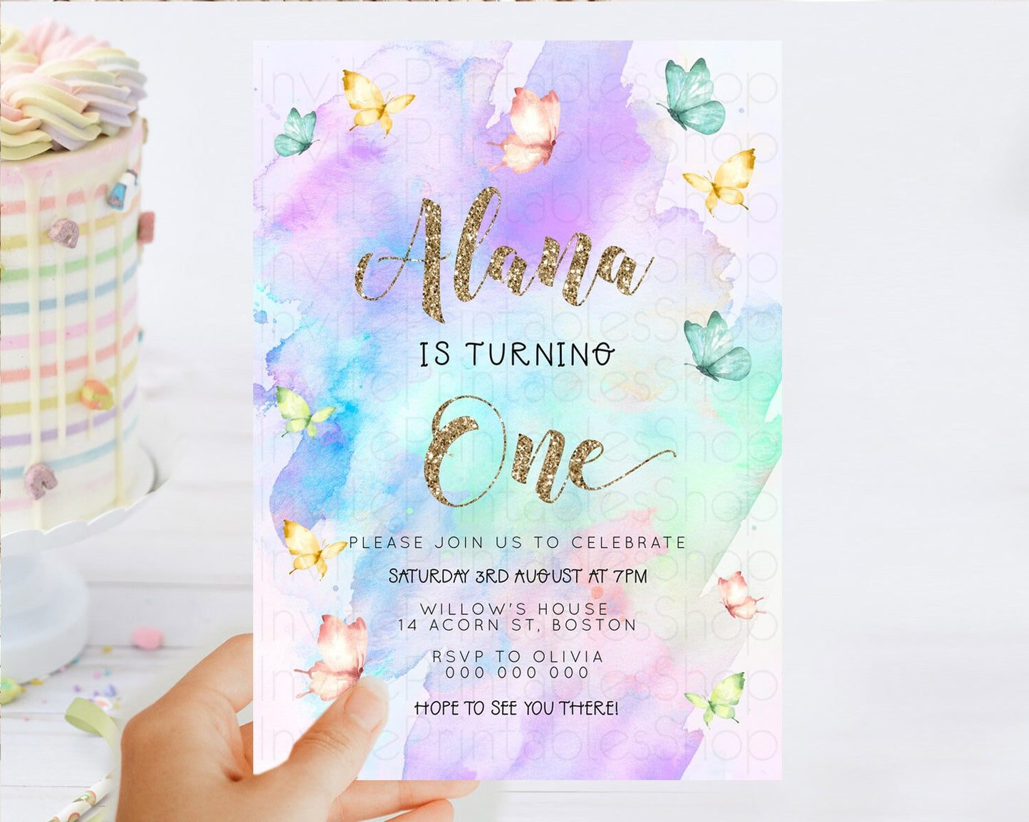 Pastel Butterfly Birthday Invitation Butterfly Birthday Invitation Colorful Splash Glitter Butterfly Garden 1st 2nd Birthday D23244