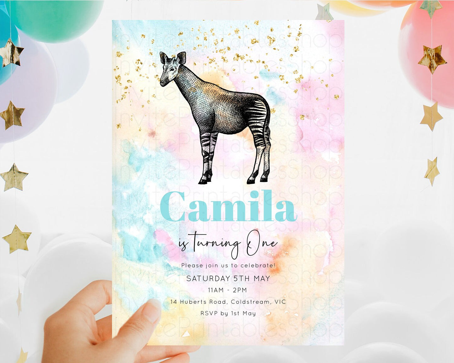 Okapi Birthday Invitation Okapi Invitation Okapi Birthday Pastel Watercolor Okapi Invitation Rainbow Okapi Invitation D10282