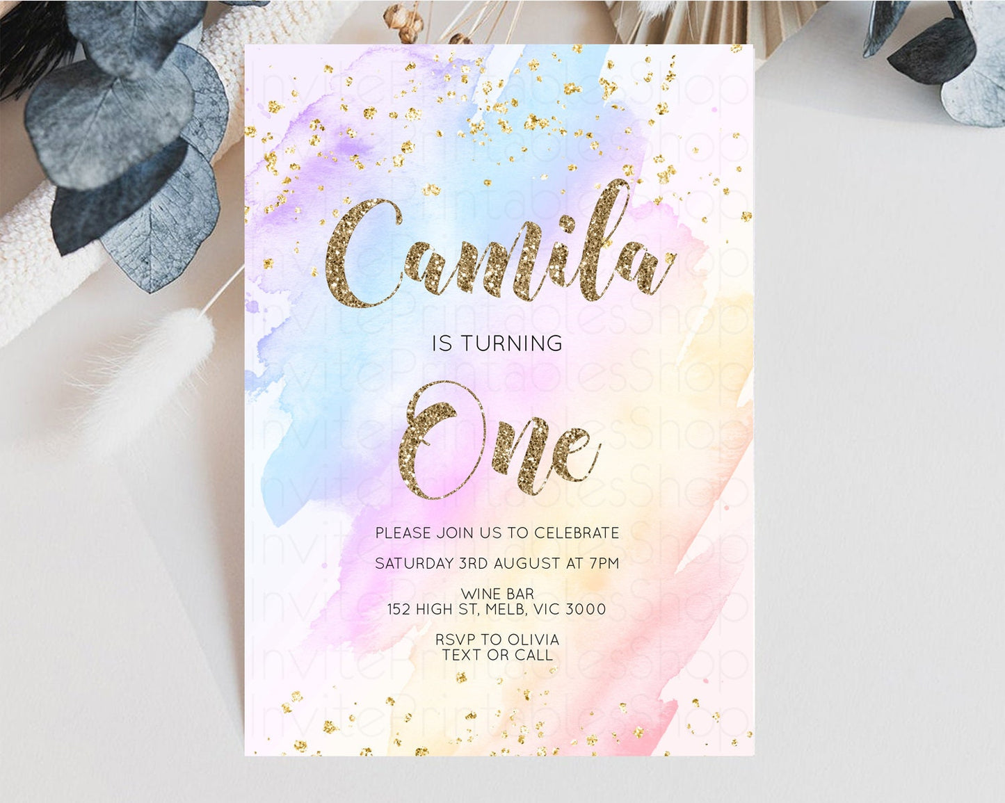 Rainbow Birthday Invitation Glitter Pastel Invitation Colorful Watercolor Gold Foil Splatter Sprinkle Ombre 1st 2nd 3rd Birthday Invite g600