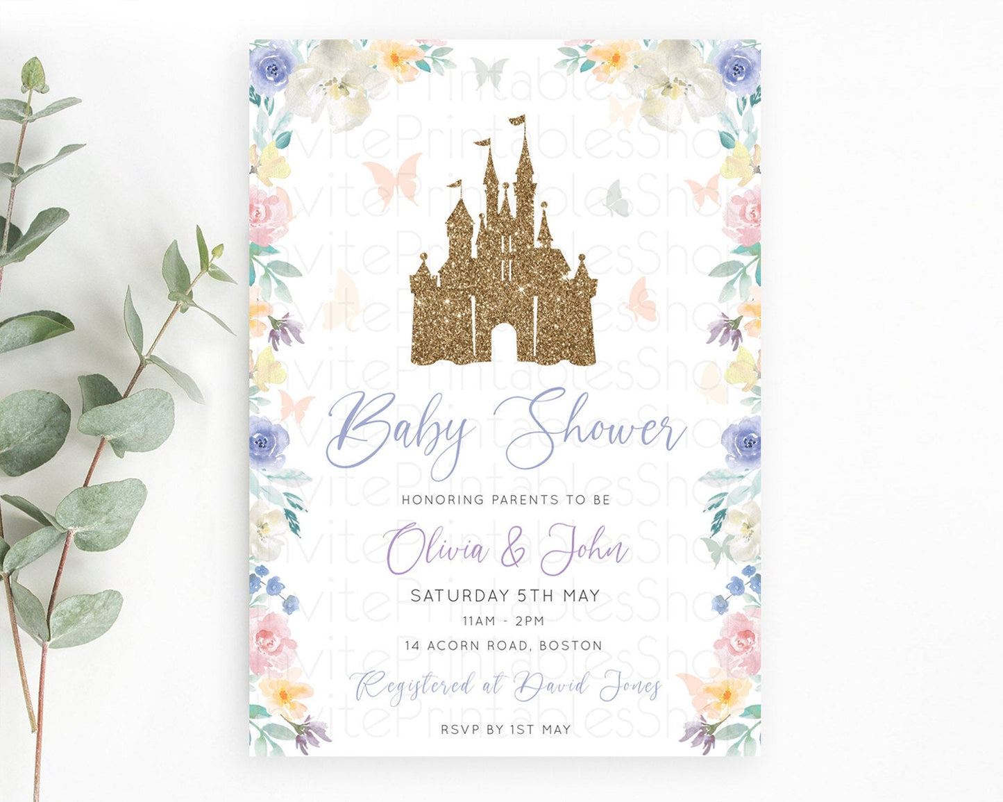 Pastel Princess Baby Shower Invitation Floral Castle Invitation Royal Baby Invite Enchanted Castle Pastel Flower Garden Baby Shower D10931